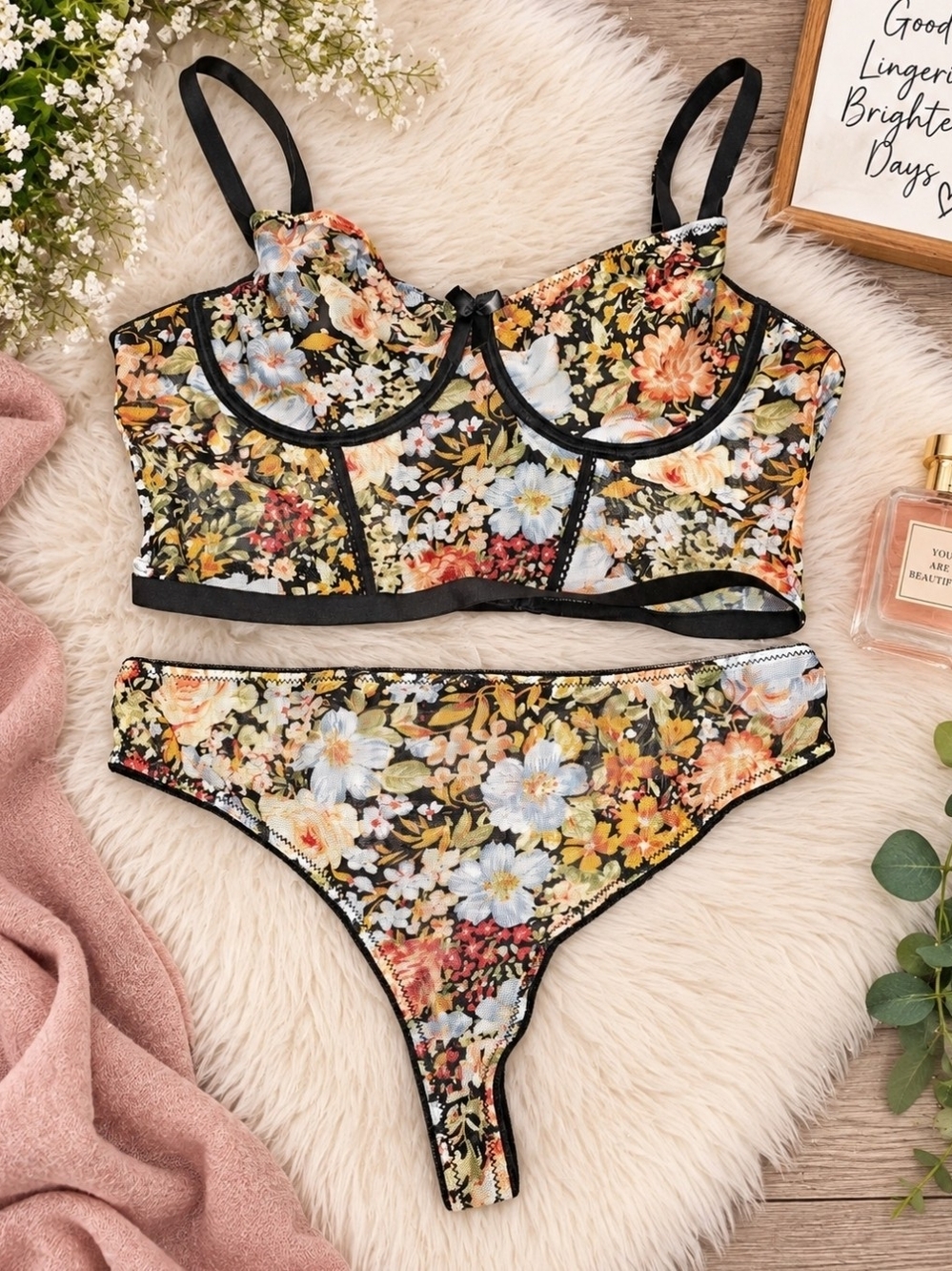 Source Unknown Black Multi Floral Lace Longline Bra & Bikini Set